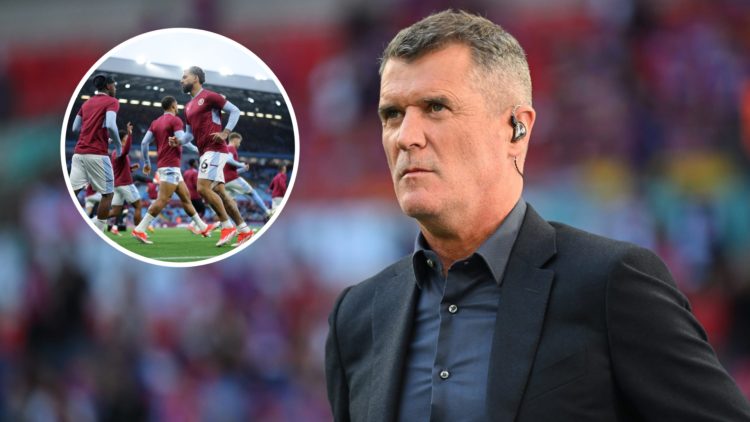 Manchester United legend Roy Keane, inset of Douglas Luiz warming up for Aston Villa.