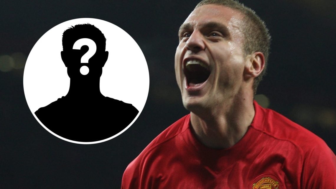 Nemanja Vidic shouting toward Manchester United fans in celebration. Inset mystery player icon.