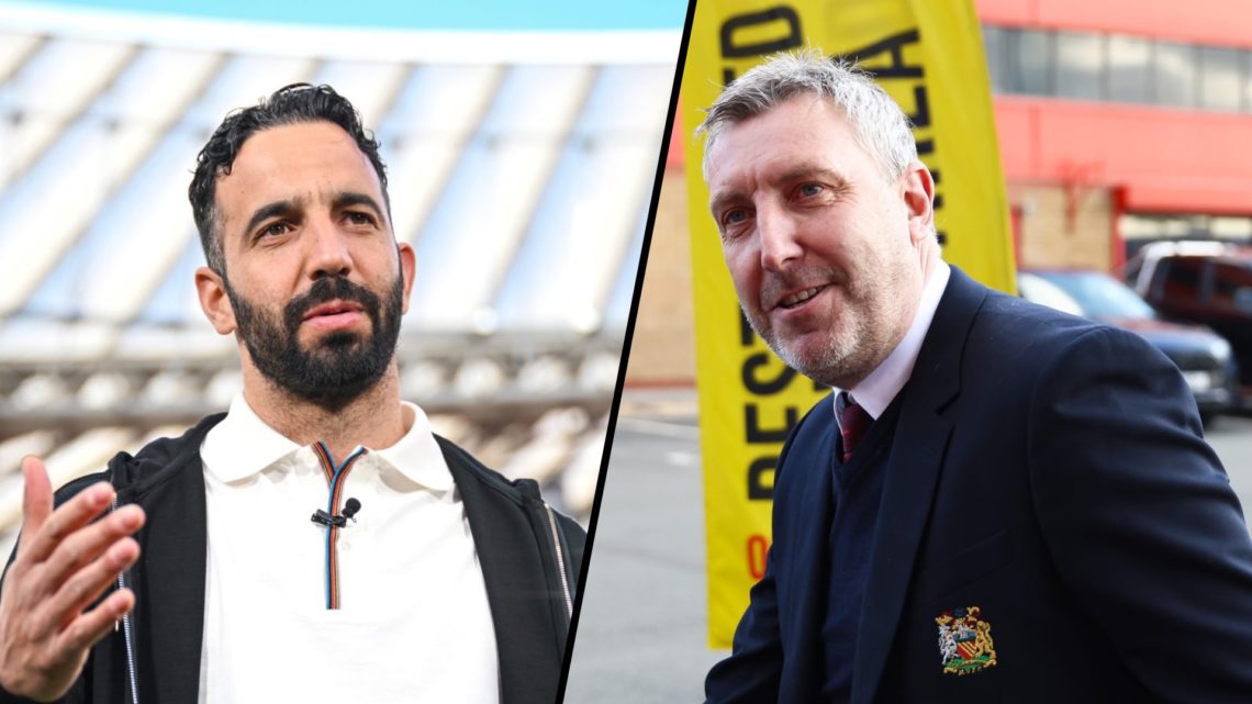 Split image, Ruben Amorim during press even for Manchester United at San Mames and Jason Wilcox walking outside Old Trafford in club suit.