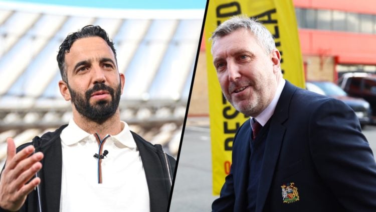 Split image, Ruben Amorim during press even for Manchester United at San Mames and Jason Wilcox walking outside Old Trafford in club suit.