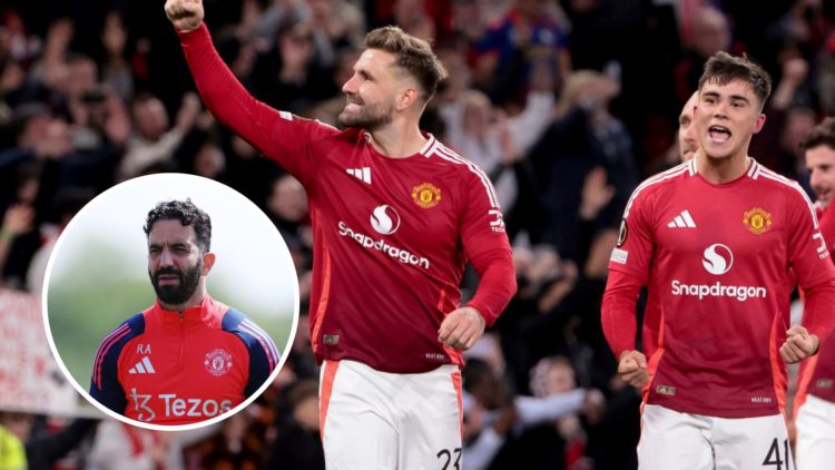 Manchester United defenders Luke Shaw and Harry Amass, inset of Ruben Amorim.