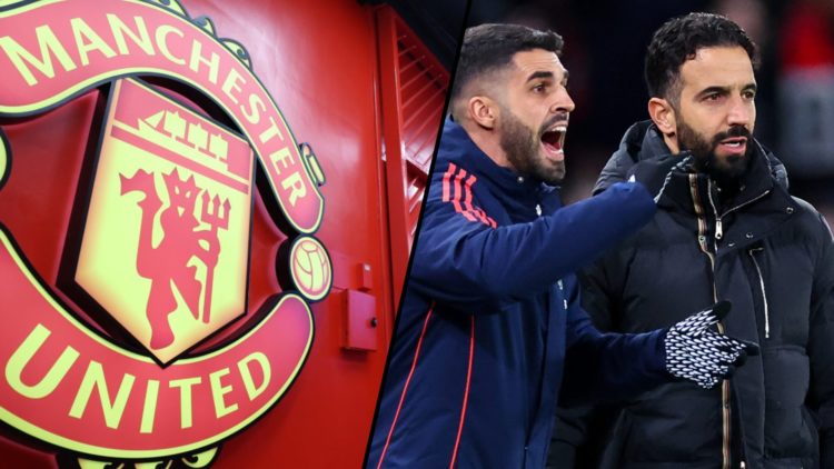 Ruben Amorim manager Ruben Amorim and assistant head coach Carlos Fernandes, inset a photo of the Premier League club’s crest.