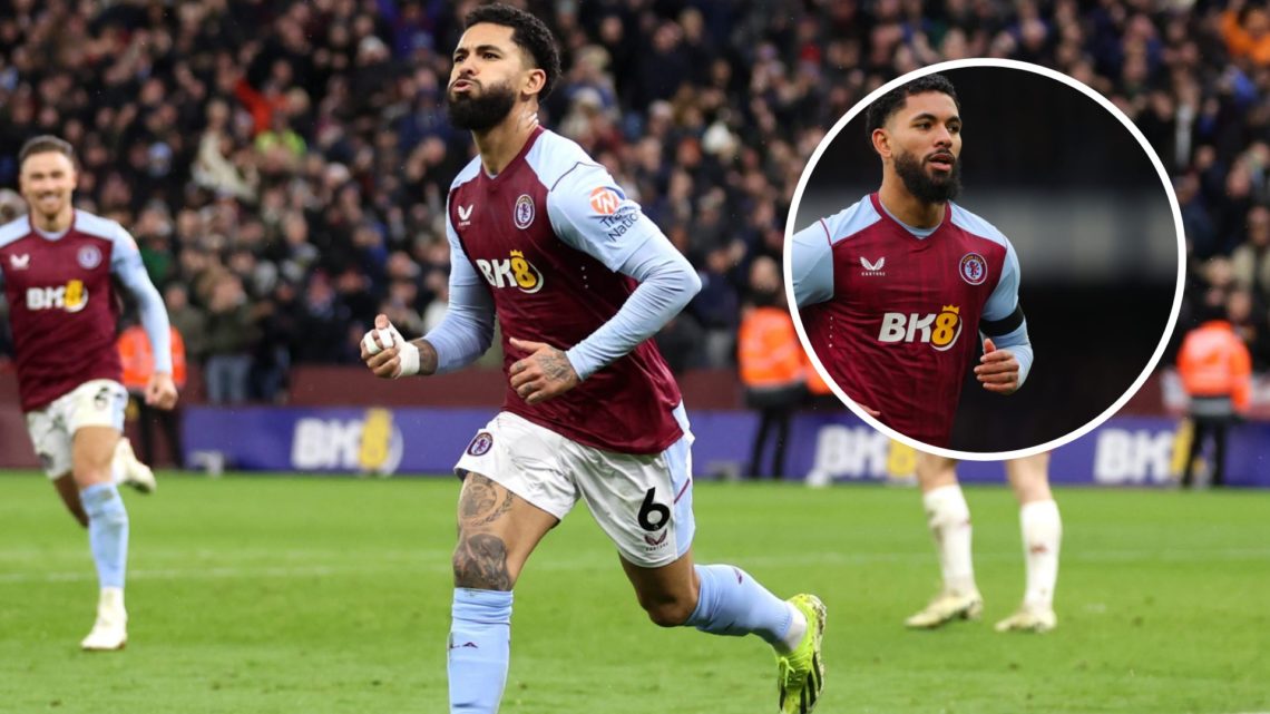 Aston Villa midfielder Douglas Luiz celebrates scoring vs Manchester United.