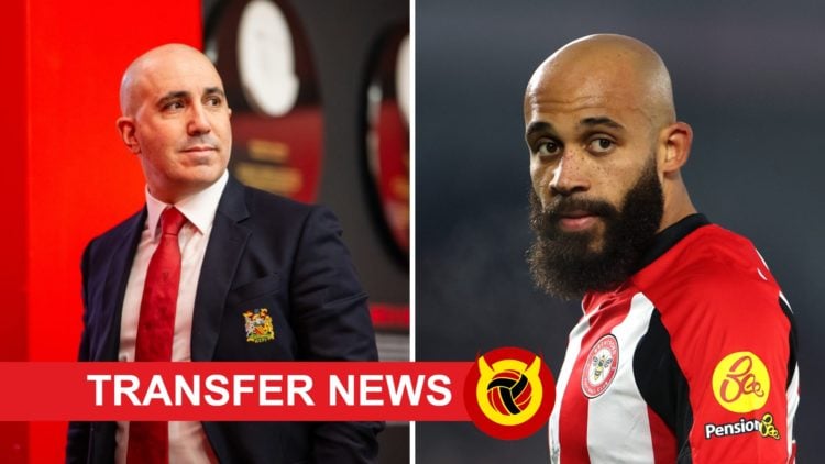 Split image of Manchester United CEO Omar Berrada and Brentford forward Bryan Mbeumo. Transfer news banner.