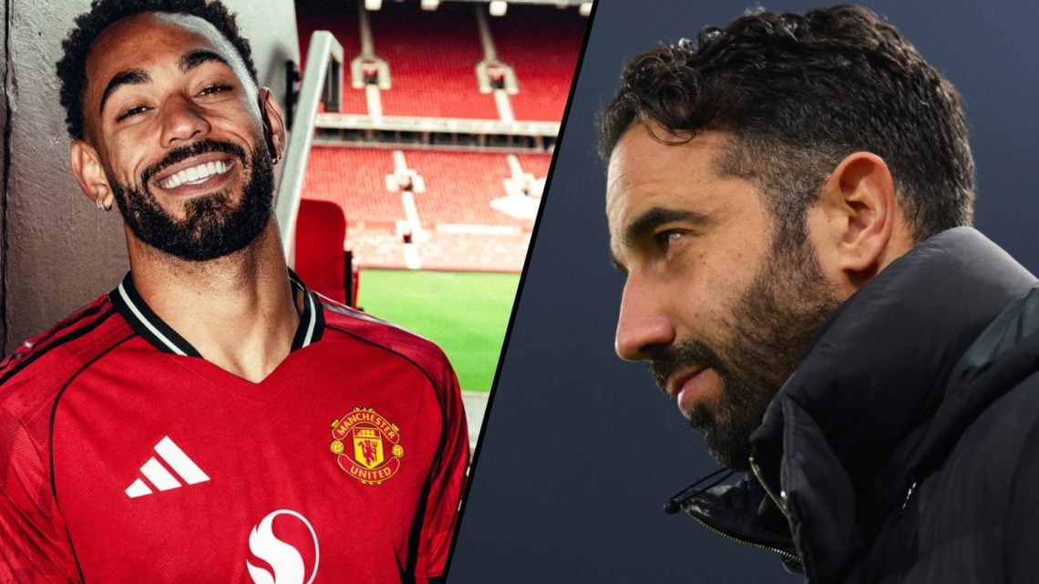 Manchester United manager Ruben Amorim during a Premier League match, inset a photo of former Wolves ace Matheus Cunha.