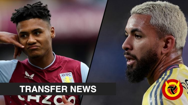 Juventus player Douglas Luiz during the Champions League, inset Manchester United target Ollie Watkins playing for Aston Villa.