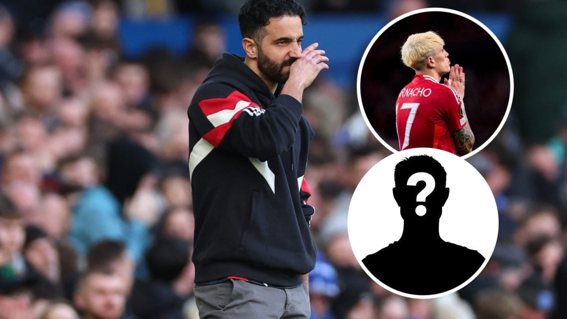 Ruben Amorim as Man Utd manager on the touchline, Alejandro Garnacho praying during Man Utd game, mystery player silhouette