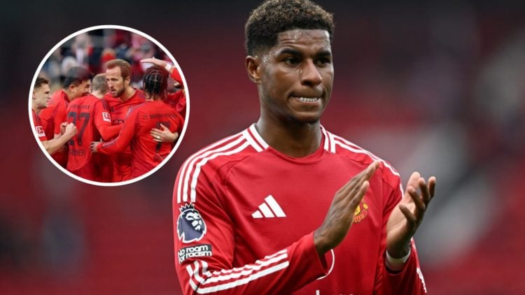 Manchester United forward Marcus Rashford in action, inset of Harry Kane's Bayern Munich.