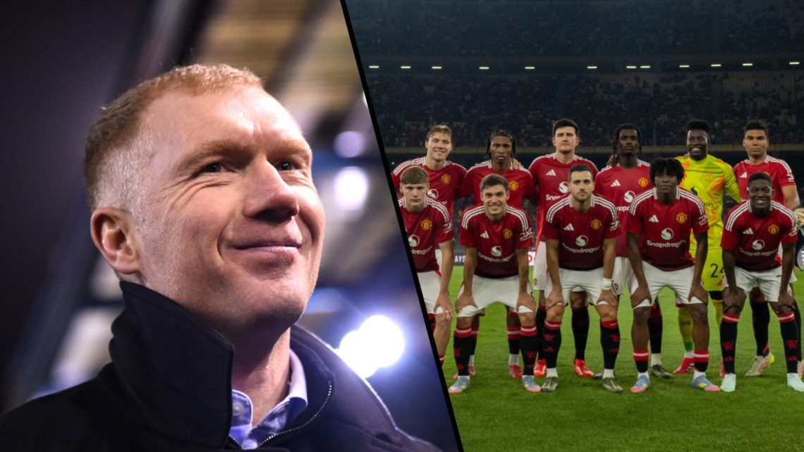 Split image, Paul Scholes smiling from low angle and Manchester United team photo vs ASEAN All-Stars.