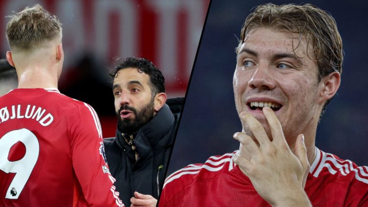 Manchester United manager Ruben Amorim speaks with Rasmus Hojlund, inset a photo of the Denmark and Manchester United striker.