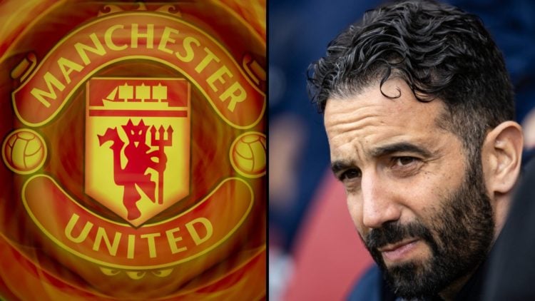 Manchester United manager Ruben Amorim during a Premier League match, inset a photo of the Manchester United club crest.