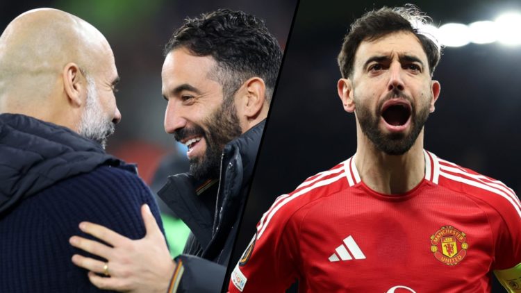 Manchester United and Portugal midfielder Bruno Fernandes, inset a photo of Manchester City manager Pep Guardiola with Ruben Amorim.