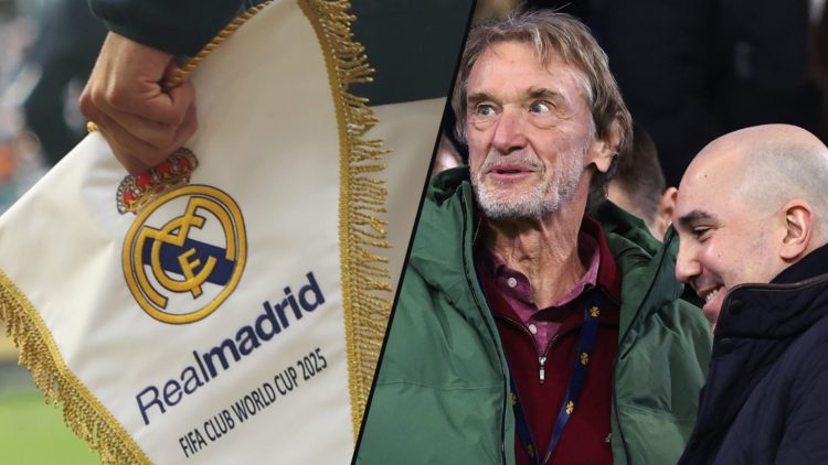 Ineos chief Sir Jim Ratcliffe and Manchester United CEO Omar Berrada, inset a photo of the Real Madrid club crest.