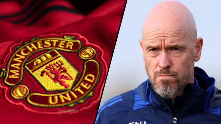 Former Manchester United and Ajax manager Erik ten Hag at the Carrington training complex, inset a photo of the Red Devils club crest.