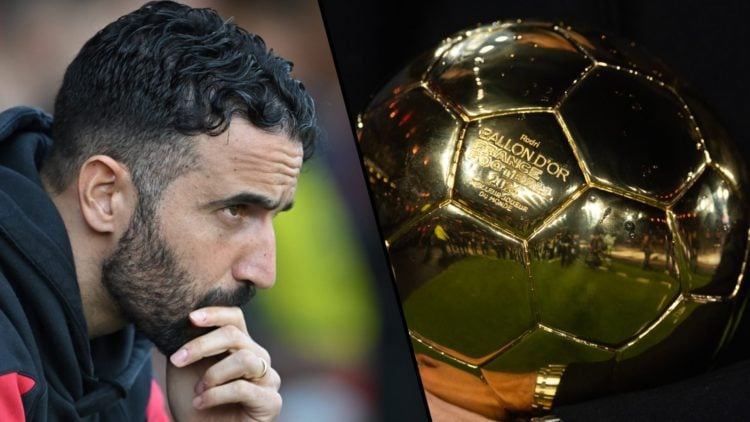 Manchester United manager Ruben Amorim looks on during a Premier League match, inset France Football’s Ballon d’Or award.