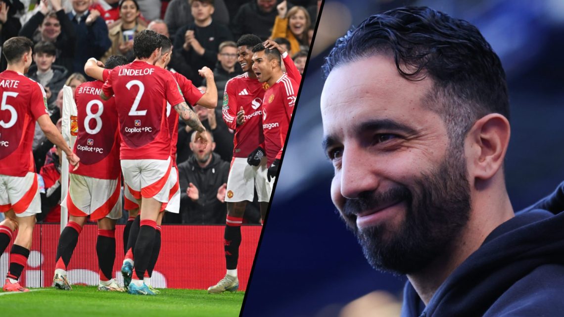 Manchester United manager Ruben Amorim during a Premier League match, inset a photo of Manchester United players.