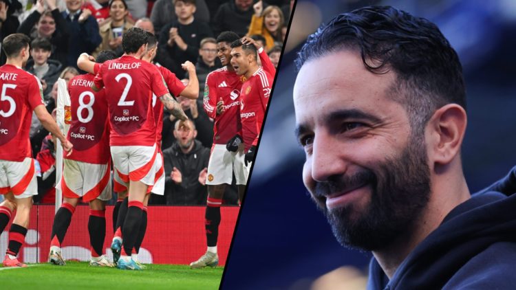 Manchester United manager Ruben Amorim during a Premier League match, inset a photo of Manchester United players.