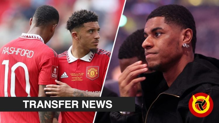 Manchester United and England player Marcus Rashford, inset a photo of Manchester United player Jadon Sancho.