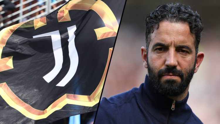 Manchester United manager Ruben Amorim during the Premier League match vs West Ham at Old Trafford, inset a photo of a Juventus flag.