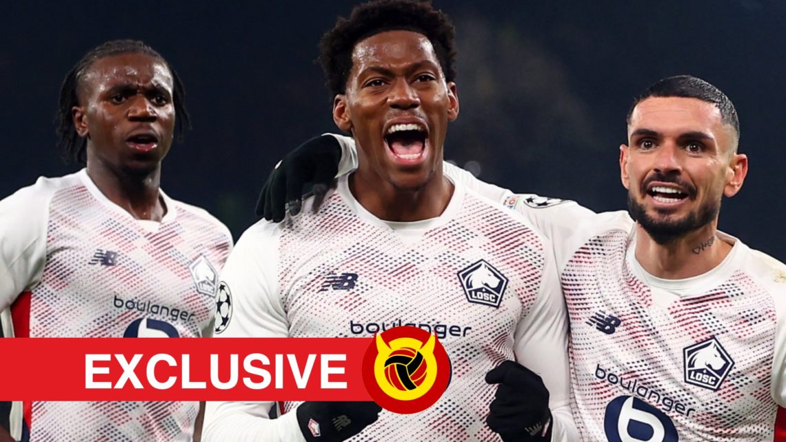 Jonathan David celebrates with Lille teammates, overlaid UIF logo and exclusives banner.