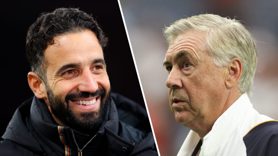Split image, Manchester United manager Ruben Amorim smiling and Carlo Ancelotti side profile in Real Madrid jacket.