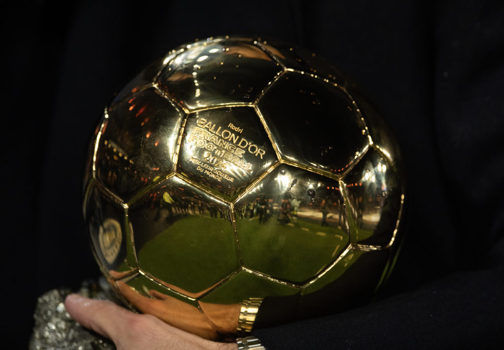 A detailed view of the Ballon d’Or award won by Manchester City midfielder Rodri ahead of the Premier League match between Manchester City and Tottenham Hotspur at the Etihad Stadium in 2024 in Manchester, England.