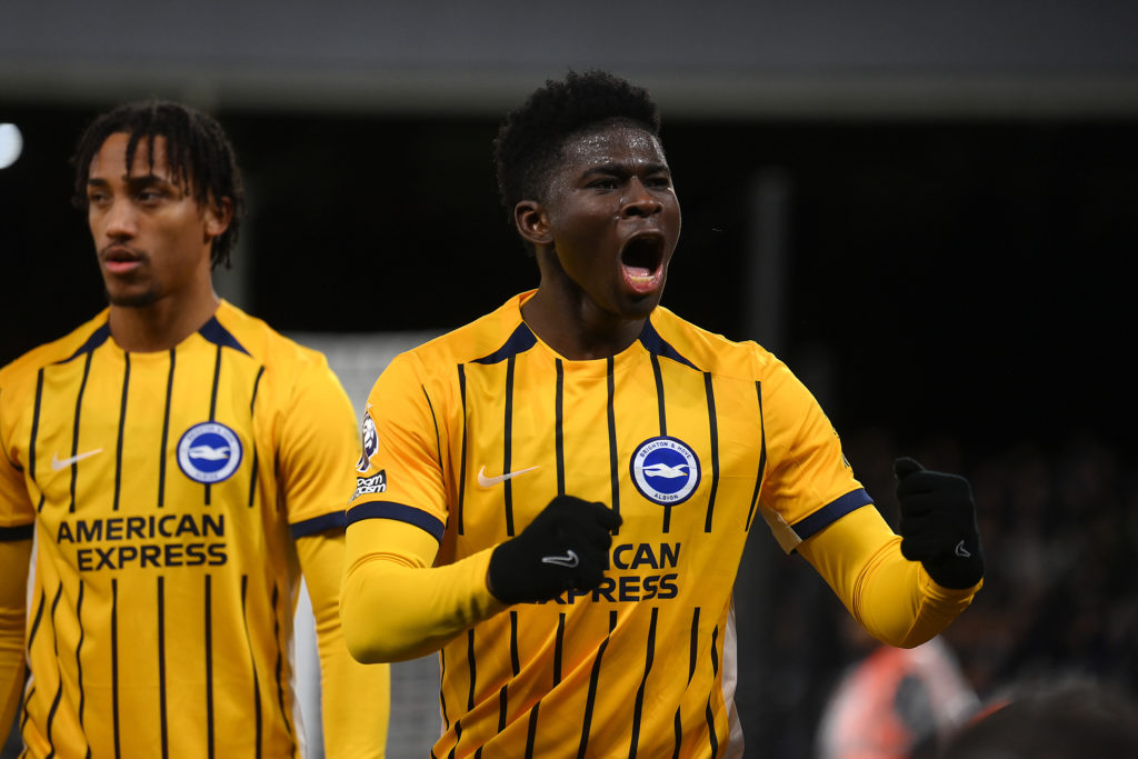 Carlos Baleba celebrates scoring for Brighton in the Premier League.