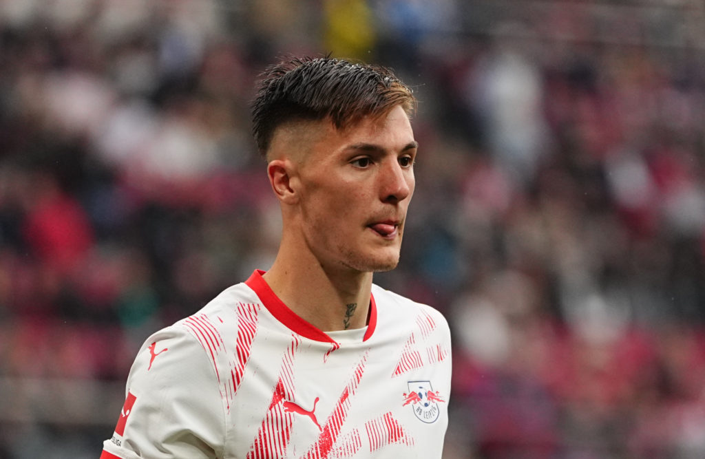 Benjamin Sesko looks on during the Bundesliga match between RB Leipzig and Bayern Munich.