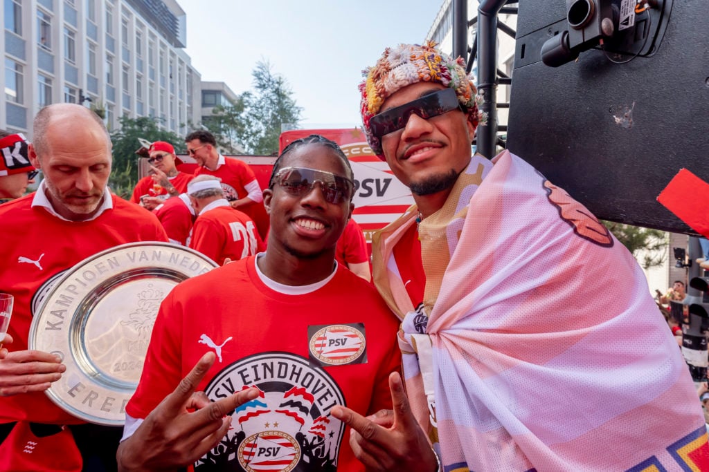 Tyrell Malacia celebrating PSV Eindhoven's title triumph