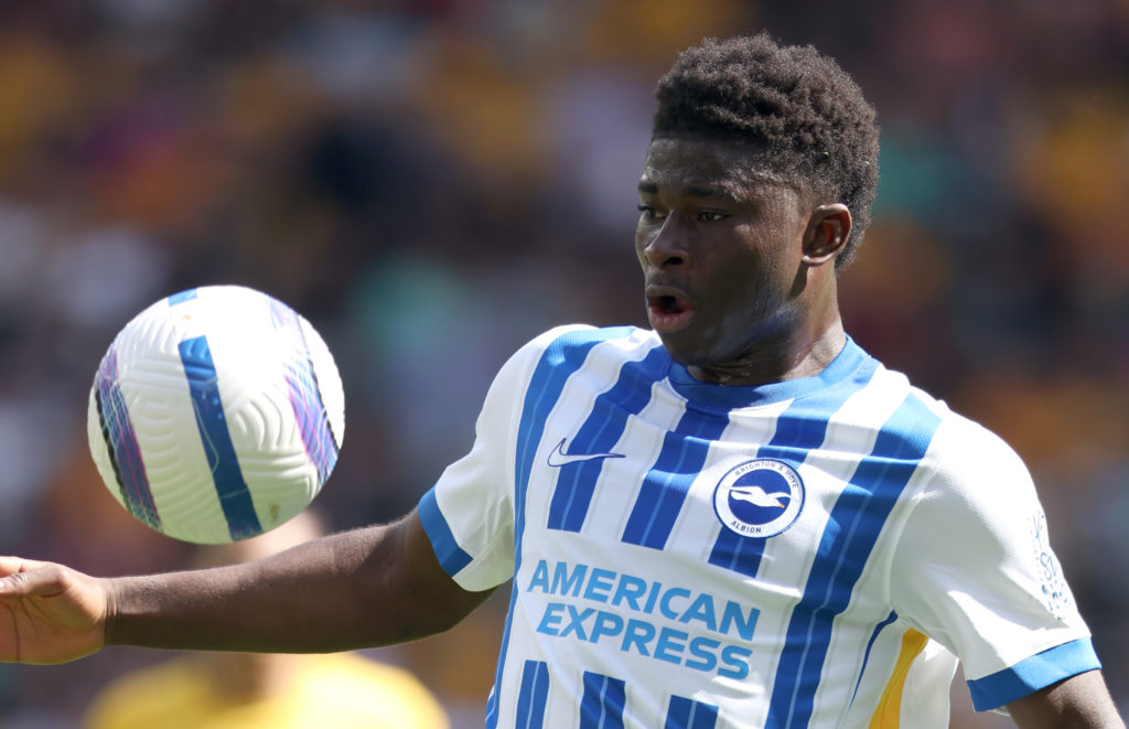 Manchester United target Carlos Baleba on the ball during the Premier League match between Wolves and Brighton at the Molineux in 2025 in Wolverhampton, England.