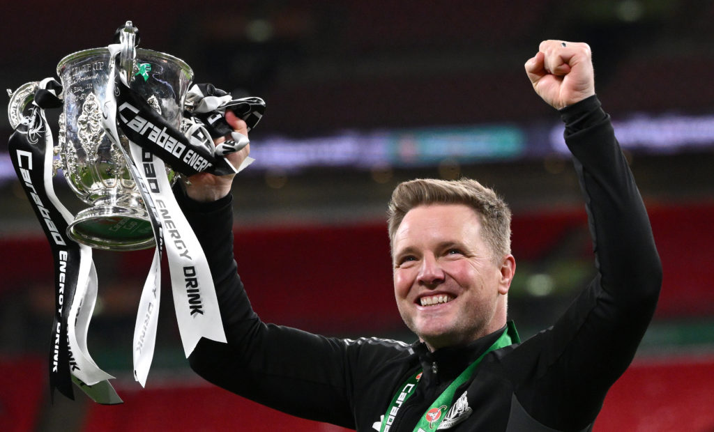 Eddie Howe lifting the Carabao Cup after Newcastle beat Liverpool in the final