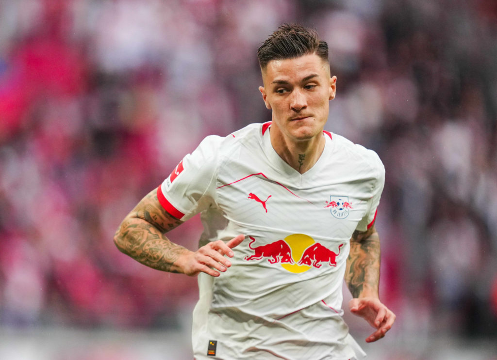 Manchester United target Benjamin Sesko during the Bundesliga match between RB Leipzig and VfB Stuttgart at the Red Bull Arena in Leipzig, Germany, in 2025.