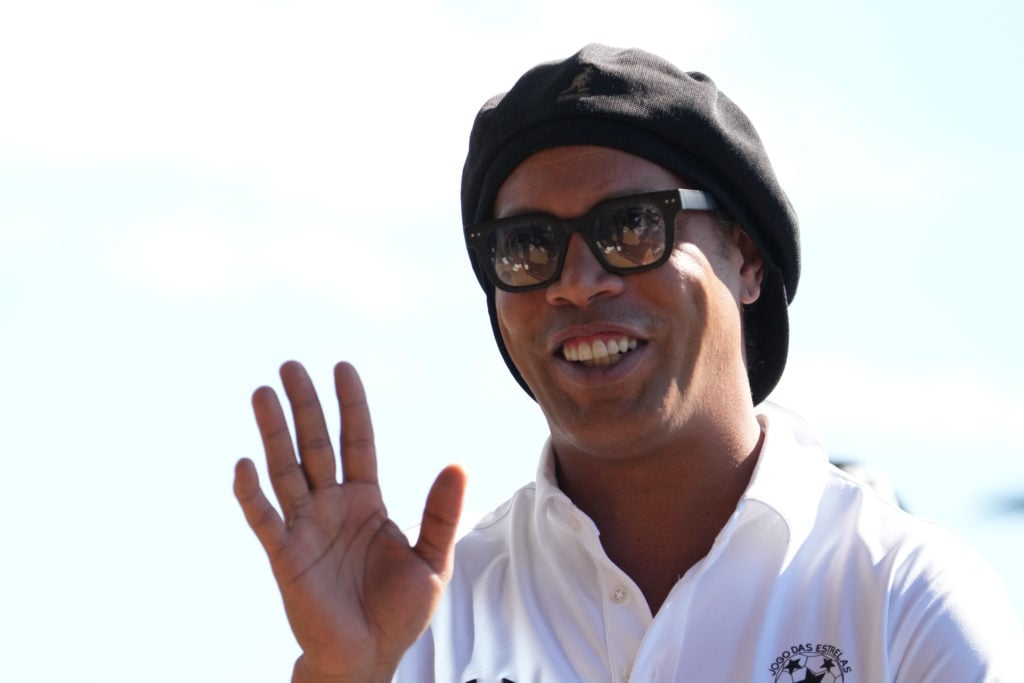 Ronaldinho arrives at the stadium before the Zico All-Star Game match between World Legends and Japan Legends at EDION PEACE WING HIROSHIMA on July 27, 2025