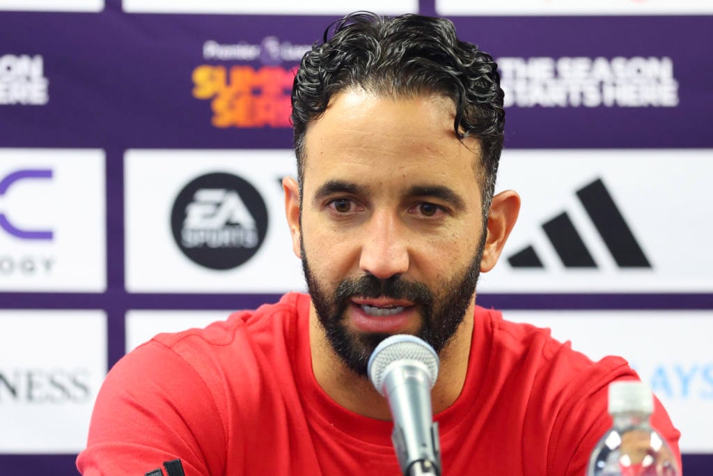 Manchester United manager Ruben Amorim speaks at a press conference after the Premier League Summer Series match between Manchester United and Bournemouth at the Soldier Field in 2025 in Chicago, Illinois.