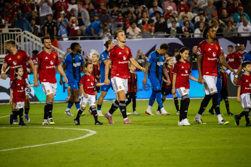 Leny Yoro, Rasmus Hojlund, Mason Mount and Luke Shaw of Manchester United walk out ahead of the Premier League Summer Series match between Manchester United and AFC Bournemouth at Soldier Field on July 30, 2025