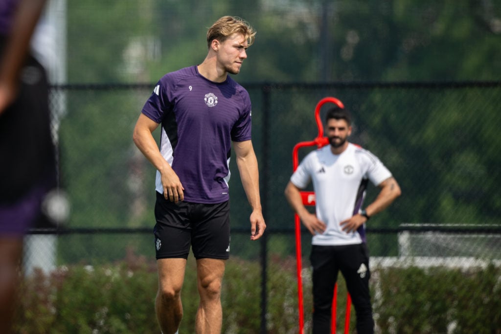 Rasmus Hojlund of Manchester United in action during a first team training session
