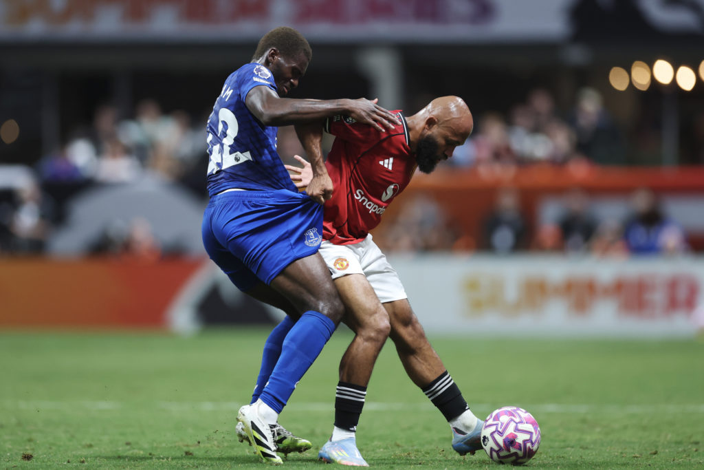 Tim Iroegbunam challenges for the ball with Bryan Mbeumo during the Premier League Summer Series match between Manchester United and Everton at the Mercedes-Benz Stadium in 2025 in Atlanta, Georgia.
