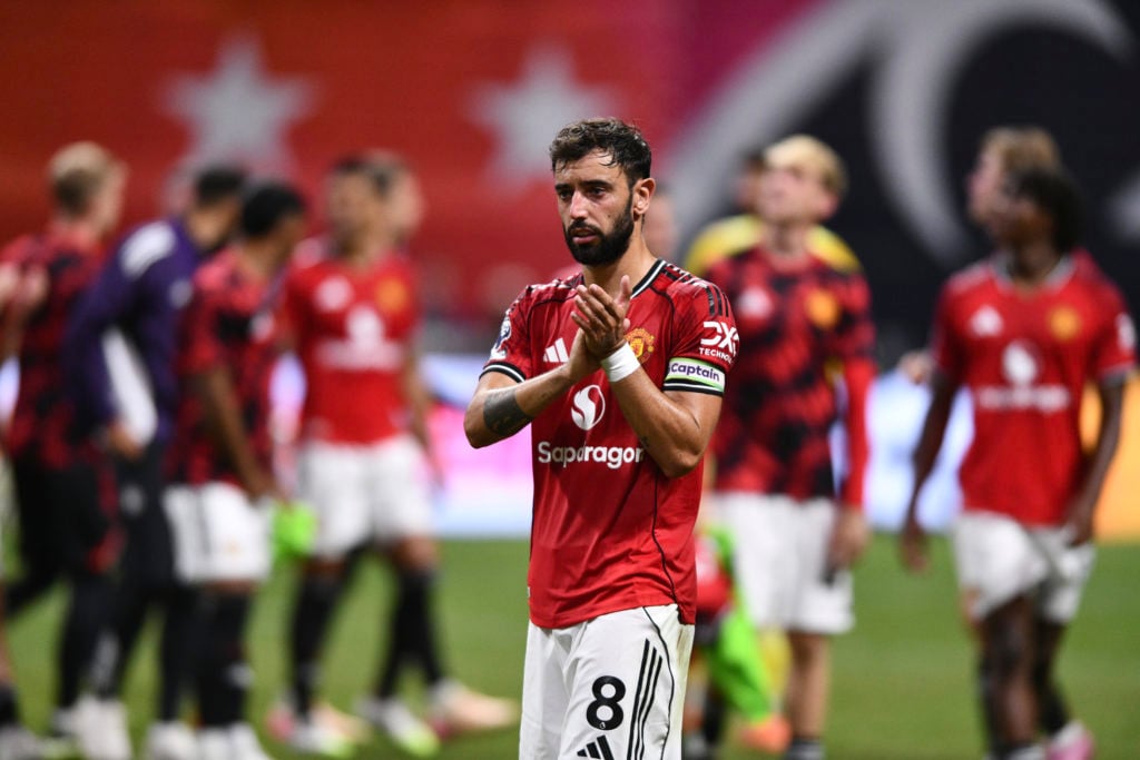 Bruno Fernandes applauds fans after Manchester United against Everton.