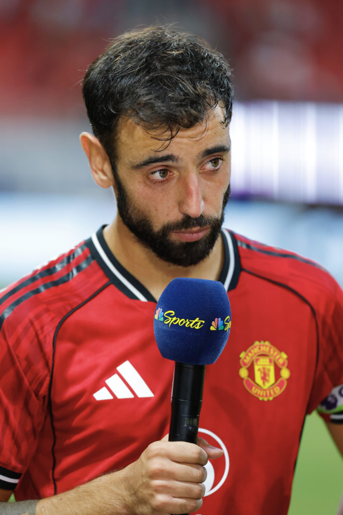 Bruno Fernandes of Manchester United talks to the press
