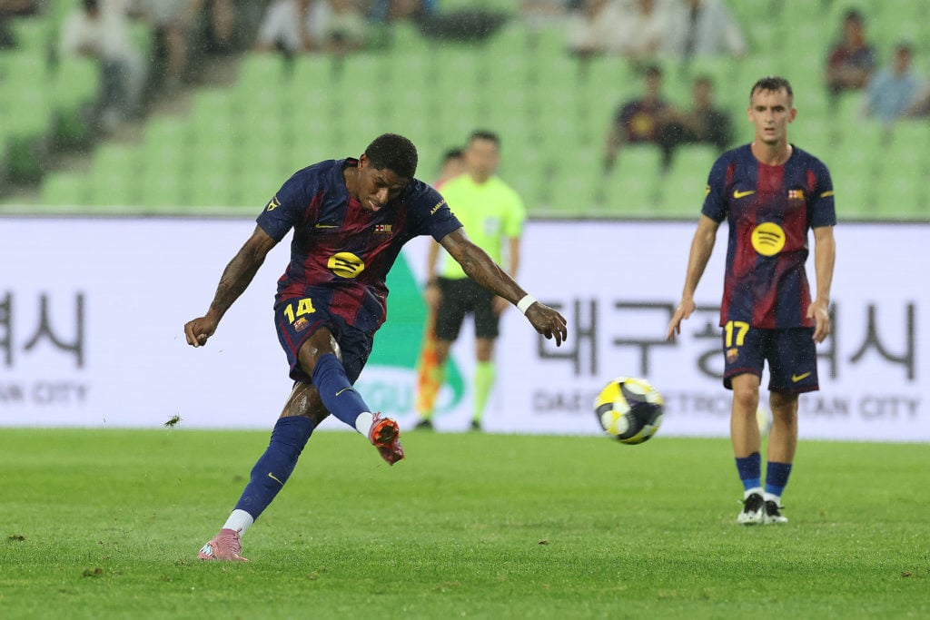 Barcelona forward Marcus Rashford shoots against Daegu.