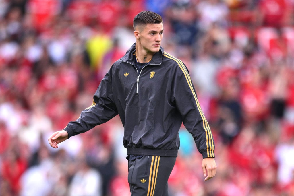 Benjamin Sesko of Manchester United looks on, as he is unveiled to the fans after signing for the team