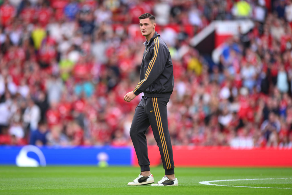Benjamin Sesko of Manchester United looks on as he is unveiled to Man Utd fans