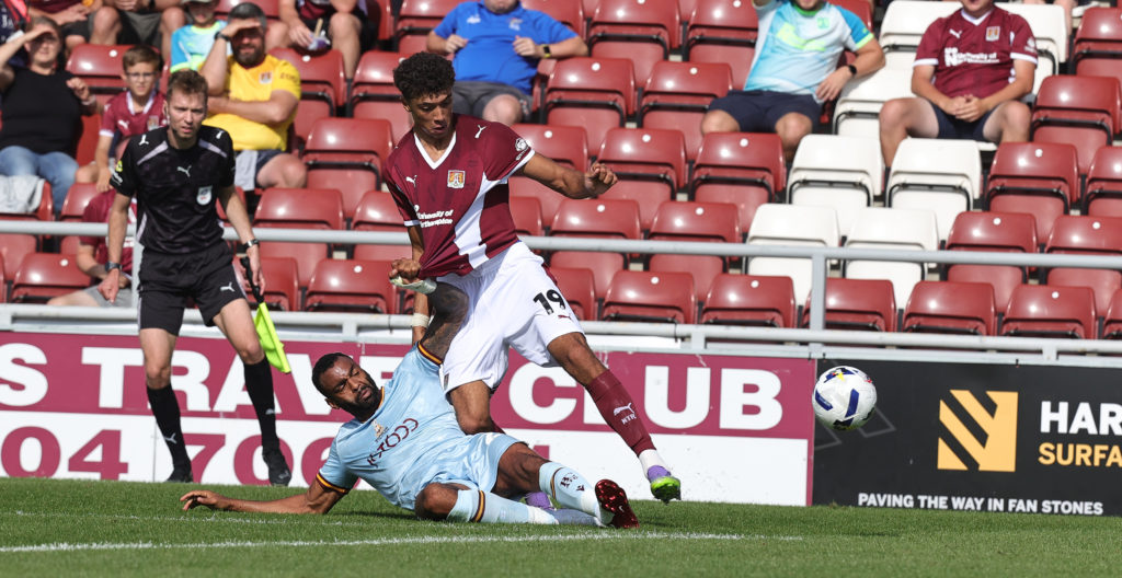 Manchester United loanee Ethan Wheatley in action for Northampton Town.