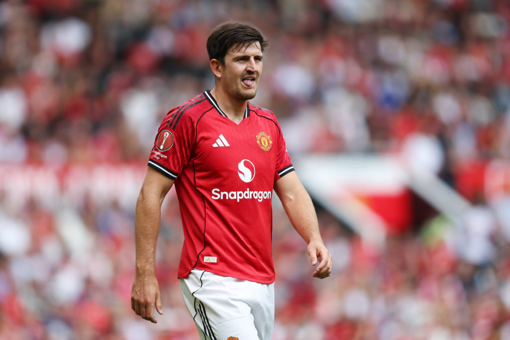 Harry Maguire playing against Fiorentina in a pre-season friendly at Old Trafford.