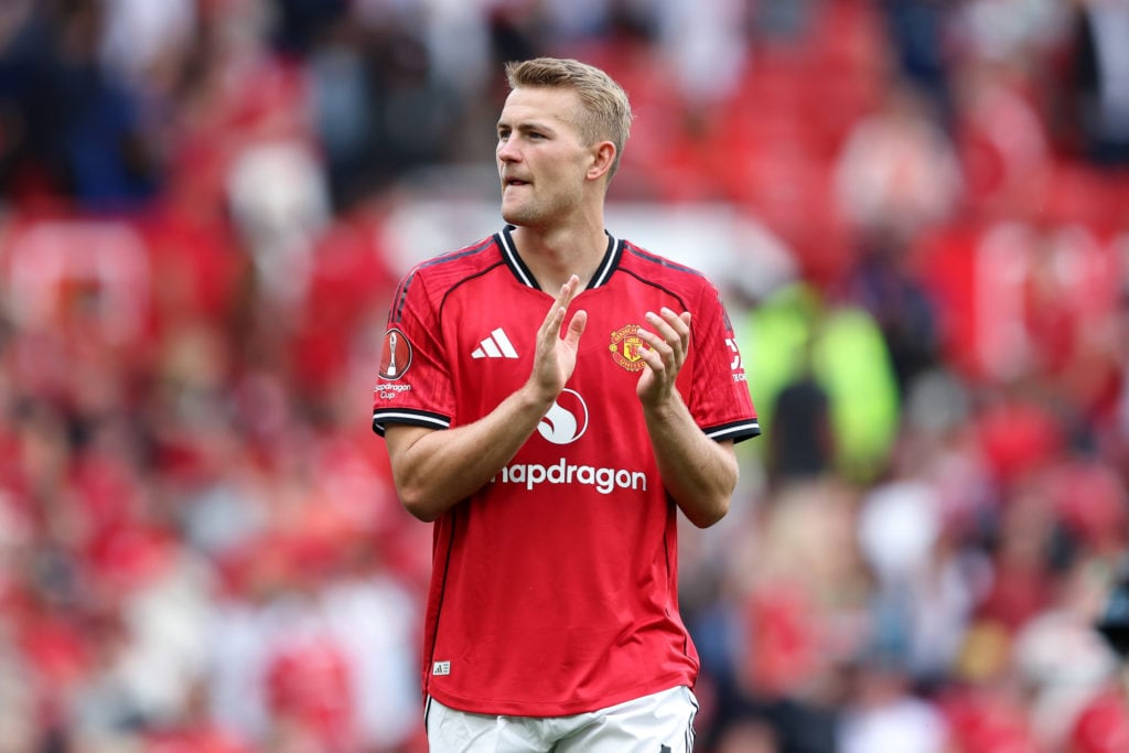 Matthijs de Ligt acknowledges the fans after the pre-season friendly match between Manchester United and Fiorentina at Old Trafford in 2025 in Manchester, England.