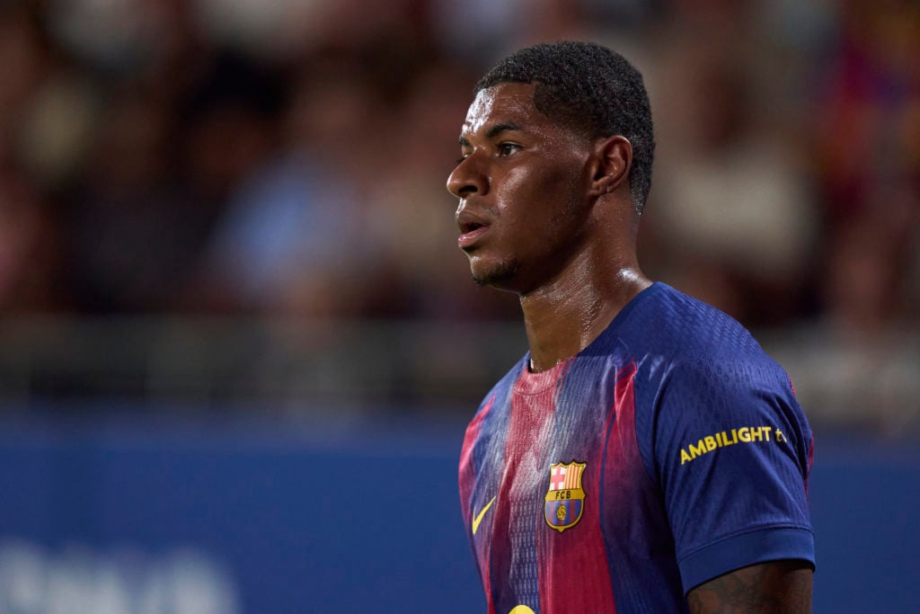 Manchester United and England player Marcus Rashford looks on during the Joan Gamper Trophy match between Barcelona and Como at the Estadi Johan Cruyff in 2025 in Barcelona, Spain.