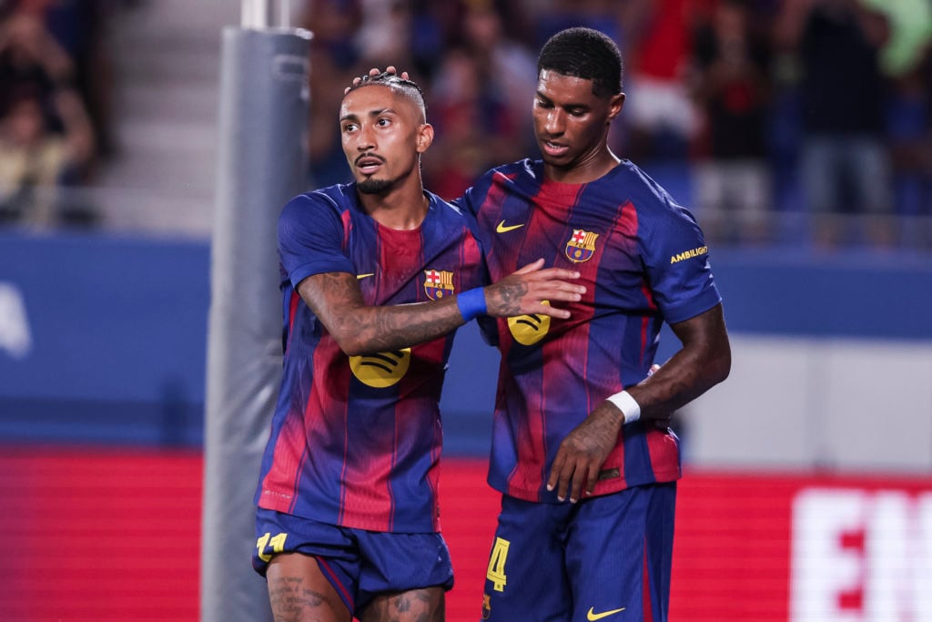 Raphinha celebrates with Manchester United loanee Marcus Rashford during the Joan Gamper Trophy football match between Barcelona and Como at the Estadi Johan Cruyff in 2025 in Spain.