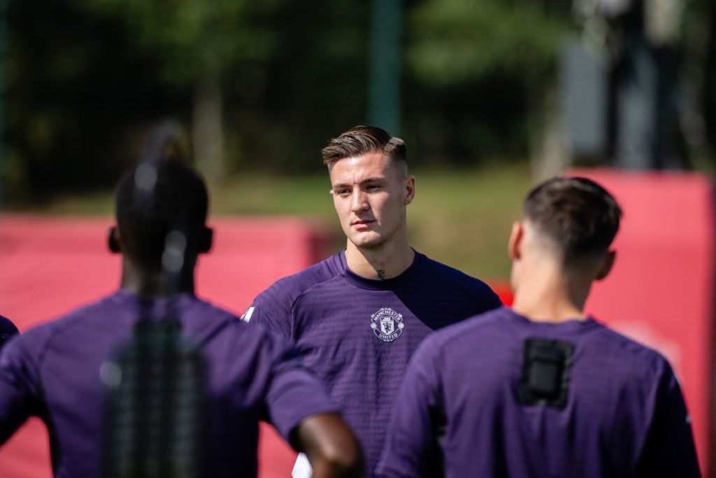 Benjamin Sesko in action during a first-team Manchester United training session at the Carrington training complex in 2025 in Manchester, England.