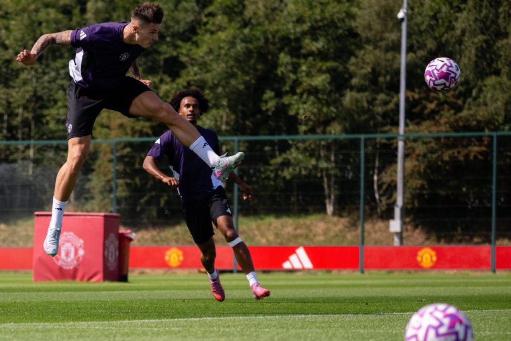 Benjamin Sesko in action during a first-team Manchester United training session at the Carrington training complex in 2025 in Manchester, England.