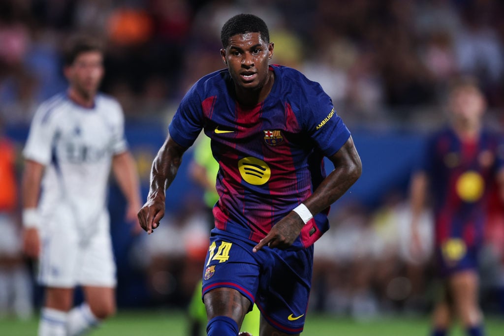 Manchester United and England player Marcus Rashford follows the action during the Joan Gamper Trophy match between Barcelona and Como at the Estadi Johan Cruyff in 2025 in Barcelona, Spain.